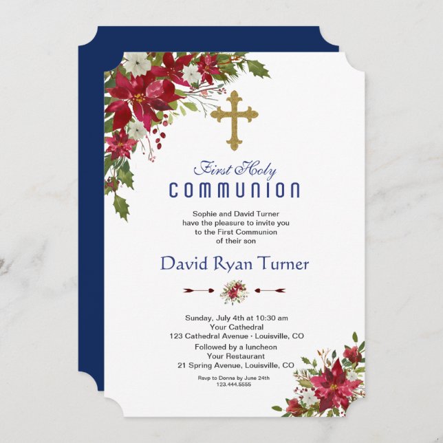 Winter Holiday Red White Poinsettia Holy Communion Invitation (Front/Back)