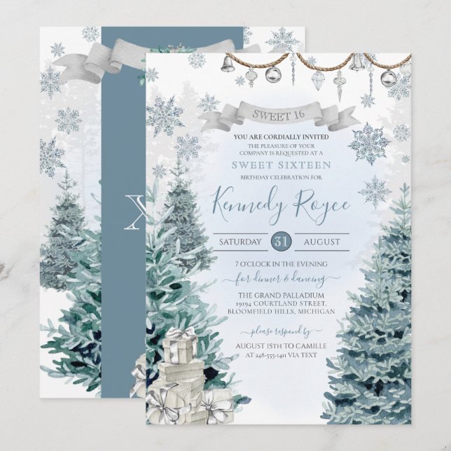 Winter Holiday Silver and Blue Snow Sweet Sixteen Invitation (Front/Back)