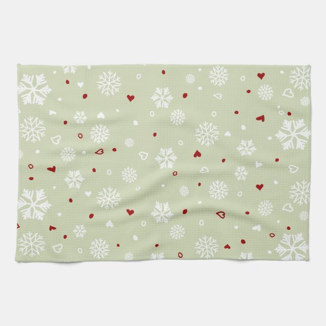 Winter Holiday Snowflakes Hearts on Green Tea Towel (Horizontal)