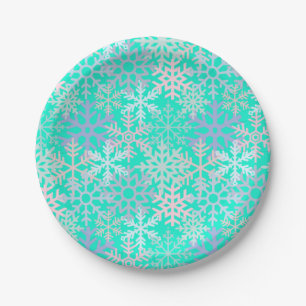 Winter holiday snowflakes hot pink green blue paper plate