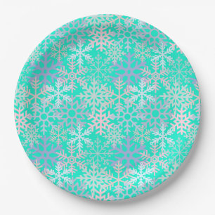 Winter holiday snowflakes hot pink green blue paper plate