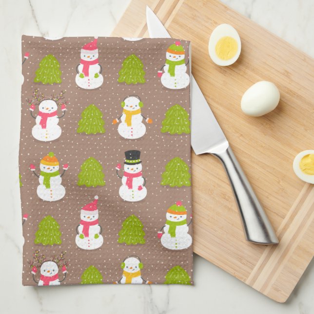 Winter Holiday Snowman Christmas Tree Pattern Tea Towel (Quarter Fold)