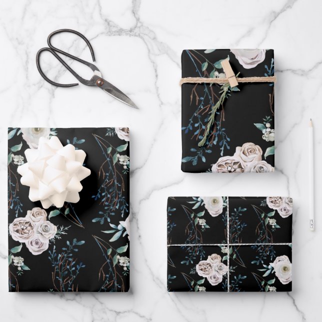 Winter holiday wedding roses pattern black wrapping paper sheet (Front)