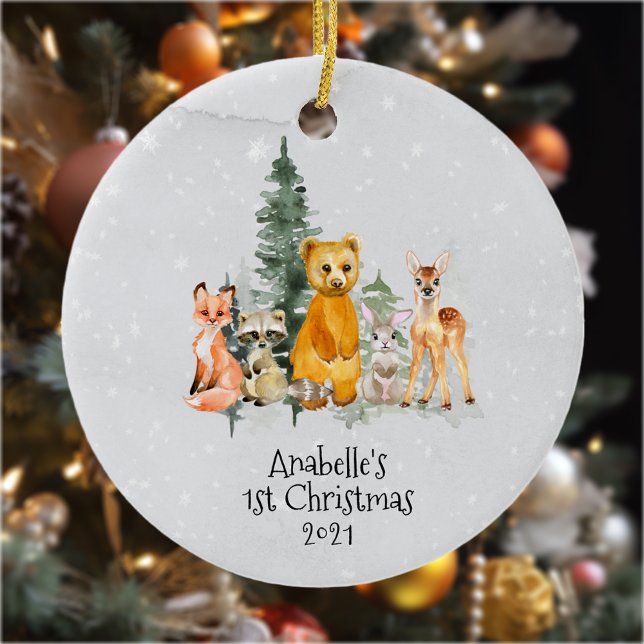 Winter Holiday Woodland Animal 1st Christmas Ceramic Ornament (Creator Uploaded)