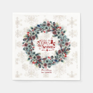 Winter Holiday Wreath 'Tis the Season Monogram Napkin