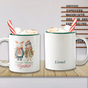Winter Holidays Christmas Bunny Couple Custom Name Two-Tone Coffee Mug