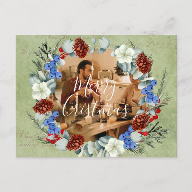 Winter Holidays Christmas Photo Framed Berry Pine Postcard (Front)