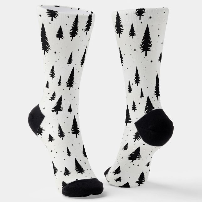 Winter Holidays Christmas trees black and white Socks (Angled)