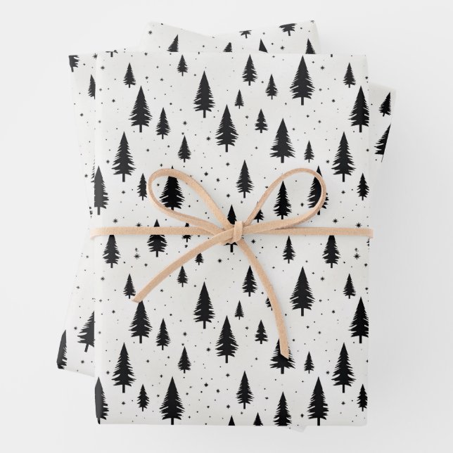 Winter Holidays Christmas trees black and white Wrapping Paper Sheet (In situ)