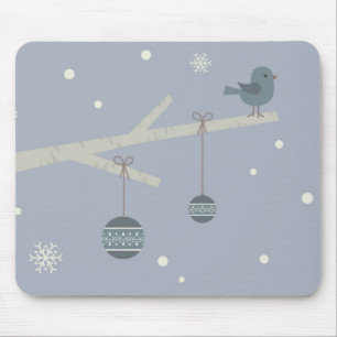 Winter holidays forest tree sparrow birds cartoon mouse pad