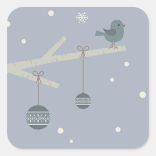 Winter holidays forest tree sparrow birds cartoon square sticker
