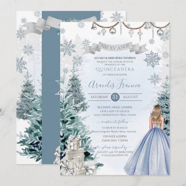 Winter Holidays Glitter Snowflake Blue Quinceañera Invitation (Front/Back)