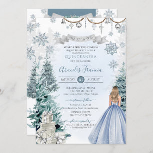 Winter Holidays Glitter Snowflake Blue Quinceañera Invitation