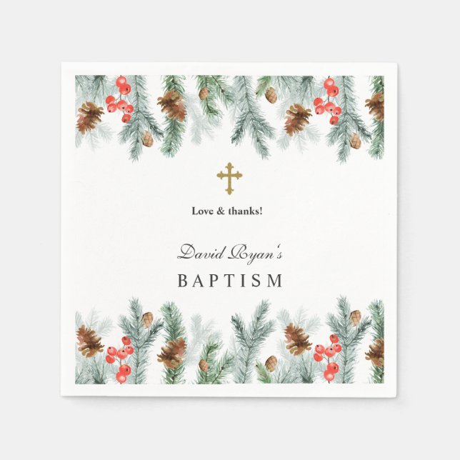 Winter Holidays Greenery Gold Cross Boy Baptism Napkin (Front)