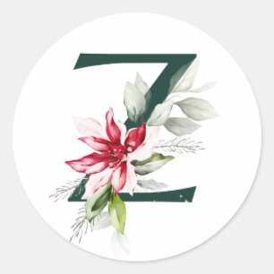 Winter holidays MONOGRAM red poinsettia berries  C Classic Round Sticker