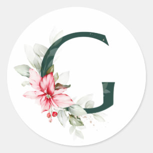 Winter holidays MONOGRAM red poinsettia berries C Classic Round Sticker