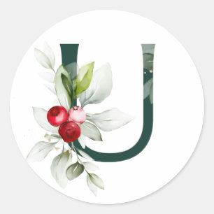 Winter holidays MONOGRAM red poinsettia berries C Classic Round Sticker