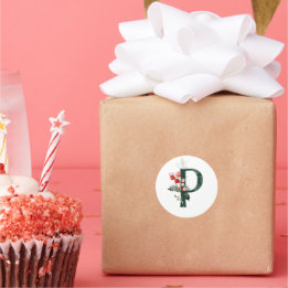 Winter holidays MONOGRAM red poinsettia berries C Classic Round Sticker