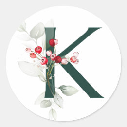 Winter holidays MONOGRAM red poinsettia berries C Classic Round Sticker