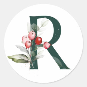 Winter holidays MONOGRAM red poinsettia berries  C Classic Round Sticker