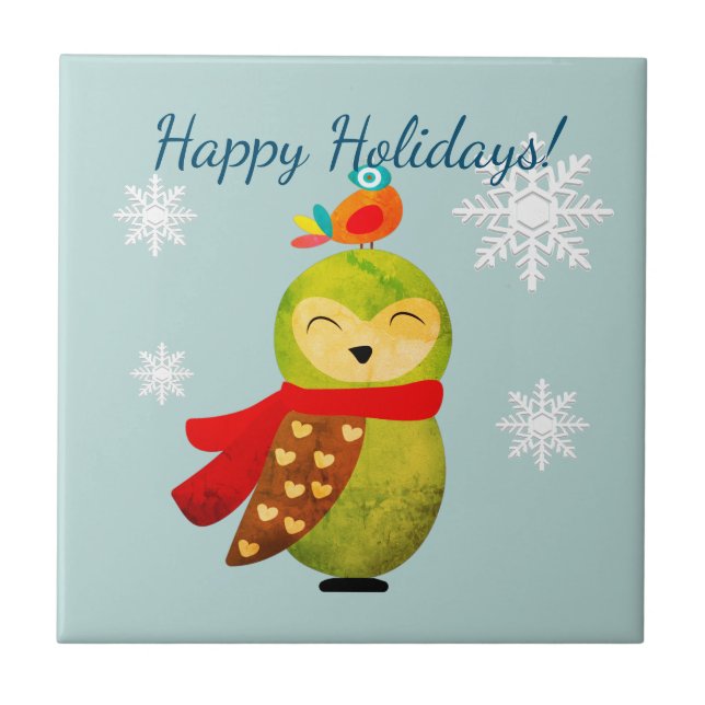 Winter Holidays Owl Ceramic Tile (Front)
