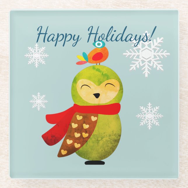 Winter Holidays Owl Glass Coaster (Front)