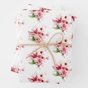 Winter holidays red poinsettia berries wrapping paper sheet