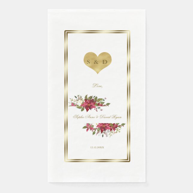 Winter Holidays Red Poinsettia Gold Wedding Napkin (Front)