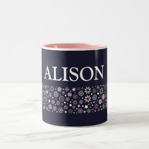 Winter holidays rose gold  snowflake blue name  Two-Tone coffee mug