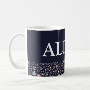Winter holidays rose gold snowflakes name text coffee mug