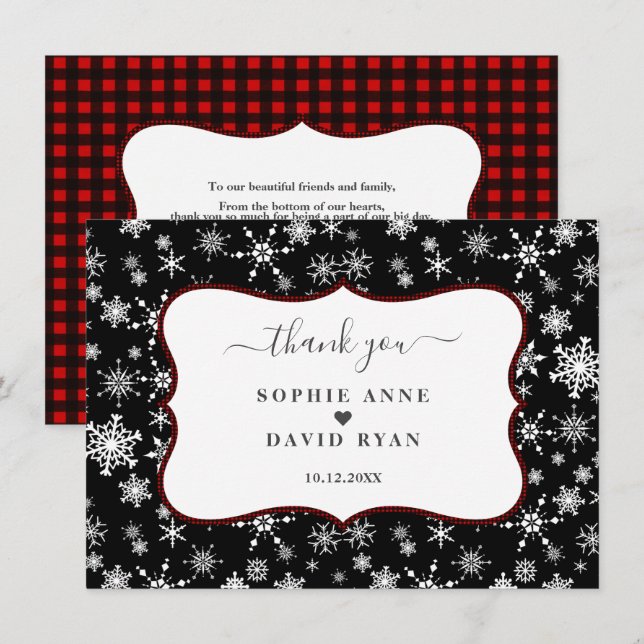 Winter Holidays Snowflakes Red Buffalo Wedding Thank You Card (Front/Back)