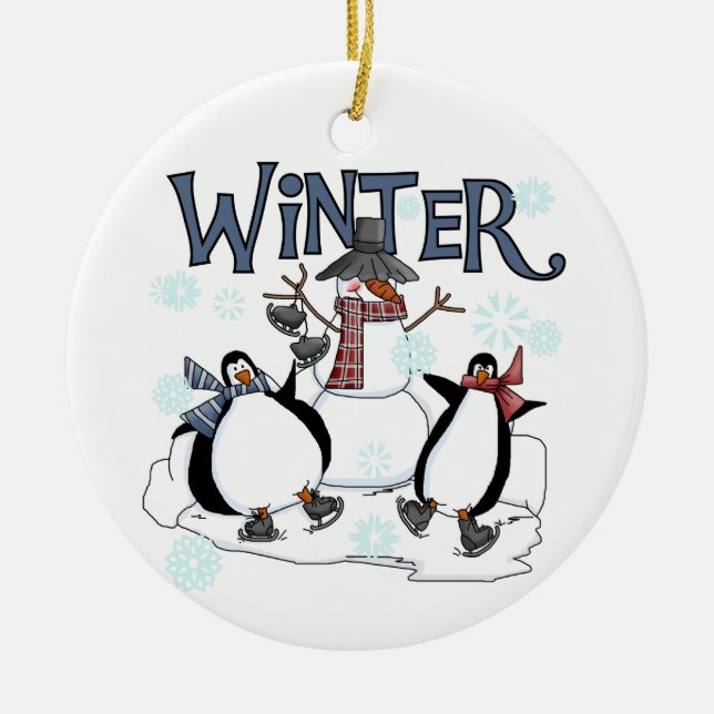 Winter Holidays Snowman Penguins Ice Skating Ceramic Ornament (Front)