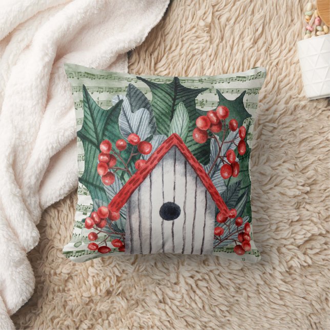 Winter Holly and Birdhouse Watercolor Cushion (Blanket)