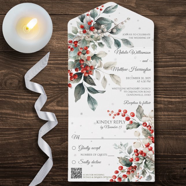 Winter Holly and Snowflakes with QR Code All In One Invitation (Creator Uploaded)