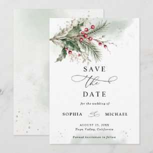 Winter Holly Berries Watercolor Save The Date Invitation