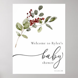 Winter Holly Branch Baby Shower Welcome Foam Board Poster