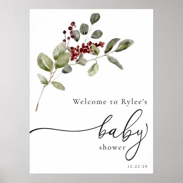 Winter Holly Branch Baby Shower Welcome Foam Board Poster (Front)