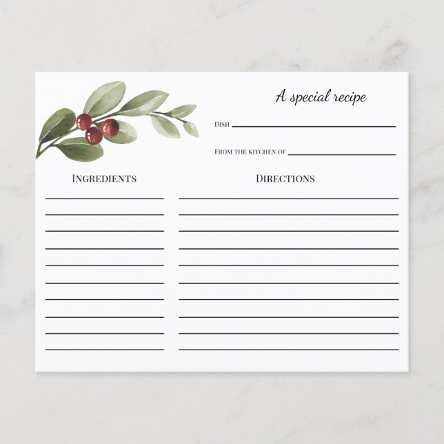 Winter Holly Branch Bridal Shower Recipe card (Front)