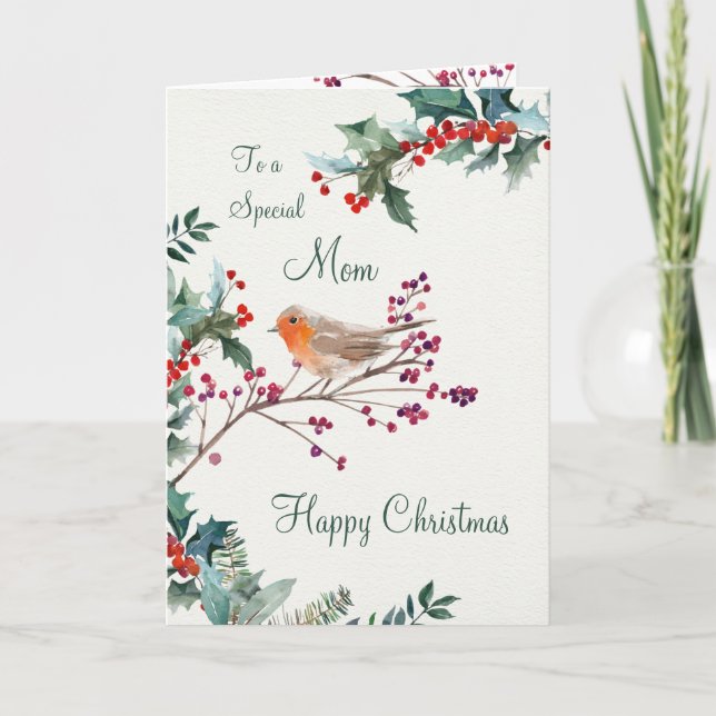 Winter Holly Red Robin Mum Christmas Holiday Card (Front)