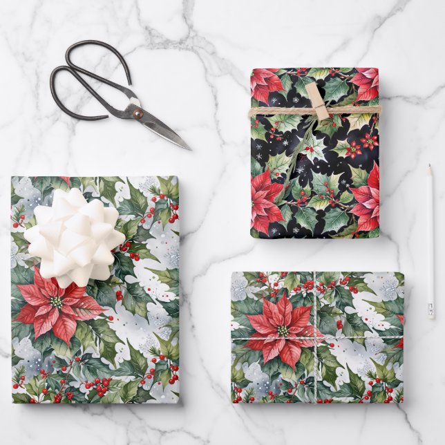 Winter Holly Wrapping Paper Flat Sheet Set of 3 (Front)