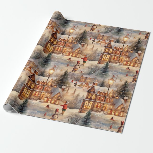 Winter Home Snow Village Wrapping Paper (Unrolled)
