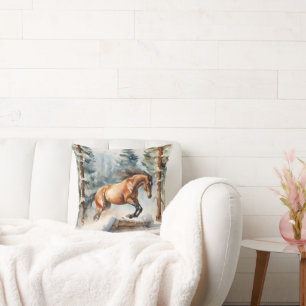 Winter Horse Jumpin in Snow Throw Pillow