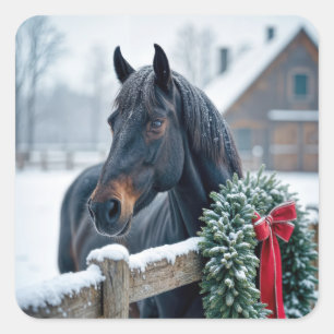 Winter Horse With Christmas Wreath Square Sticker