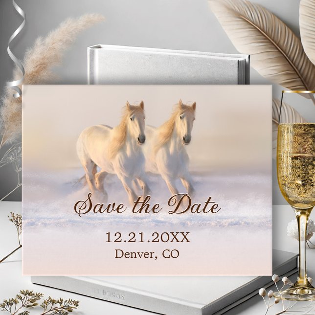 Winter Horses Wedding Save the Date Postcard (Winter Save the Date postcard featuring two horses running in the snow)