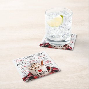 Winter Hot Chocolate with Word Cloud Square Paper Coaster