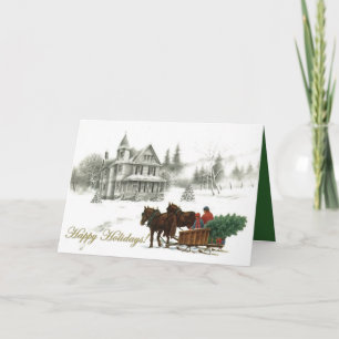 Winter House and Horses Custom Christmas Cards