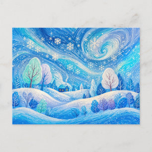 Winter house in swirling snowfall illustration postcard