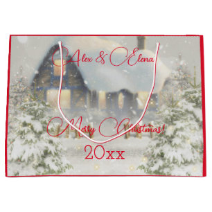 Winter house snow retro red large gift bag