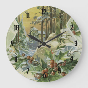 Winter House Vintage Illustration Large Clock
