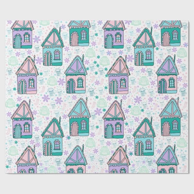 Winter Houses Art – Cozy Snowy Village Design  Wrapping Paper (Flat)